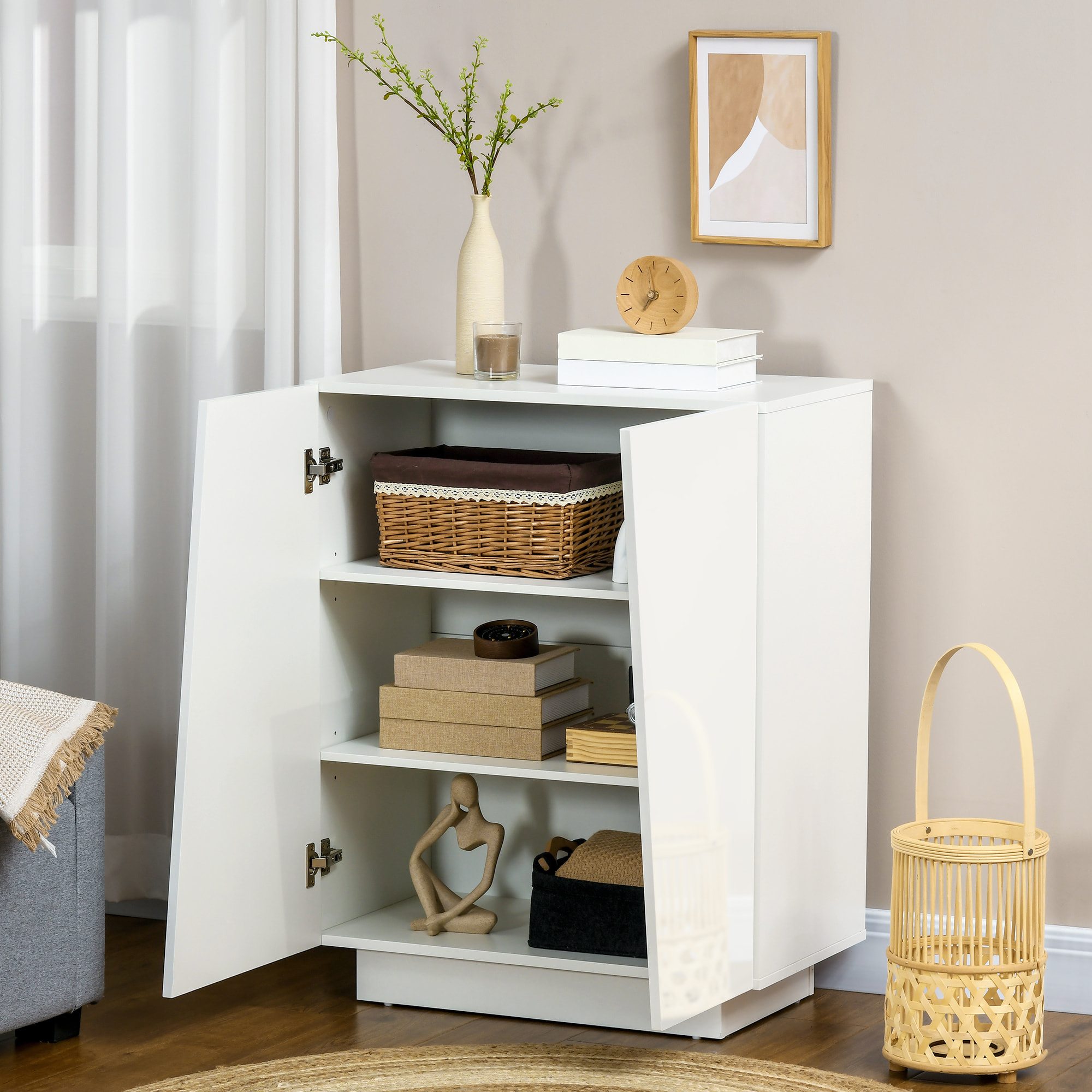 Buffet à haute brillance, meuble de rangement avec placard double porte géométrique et étagère réglable, style moderne, buffet salle à manger, cuisine et salon, 70 x 40 x 88 cm, blanc