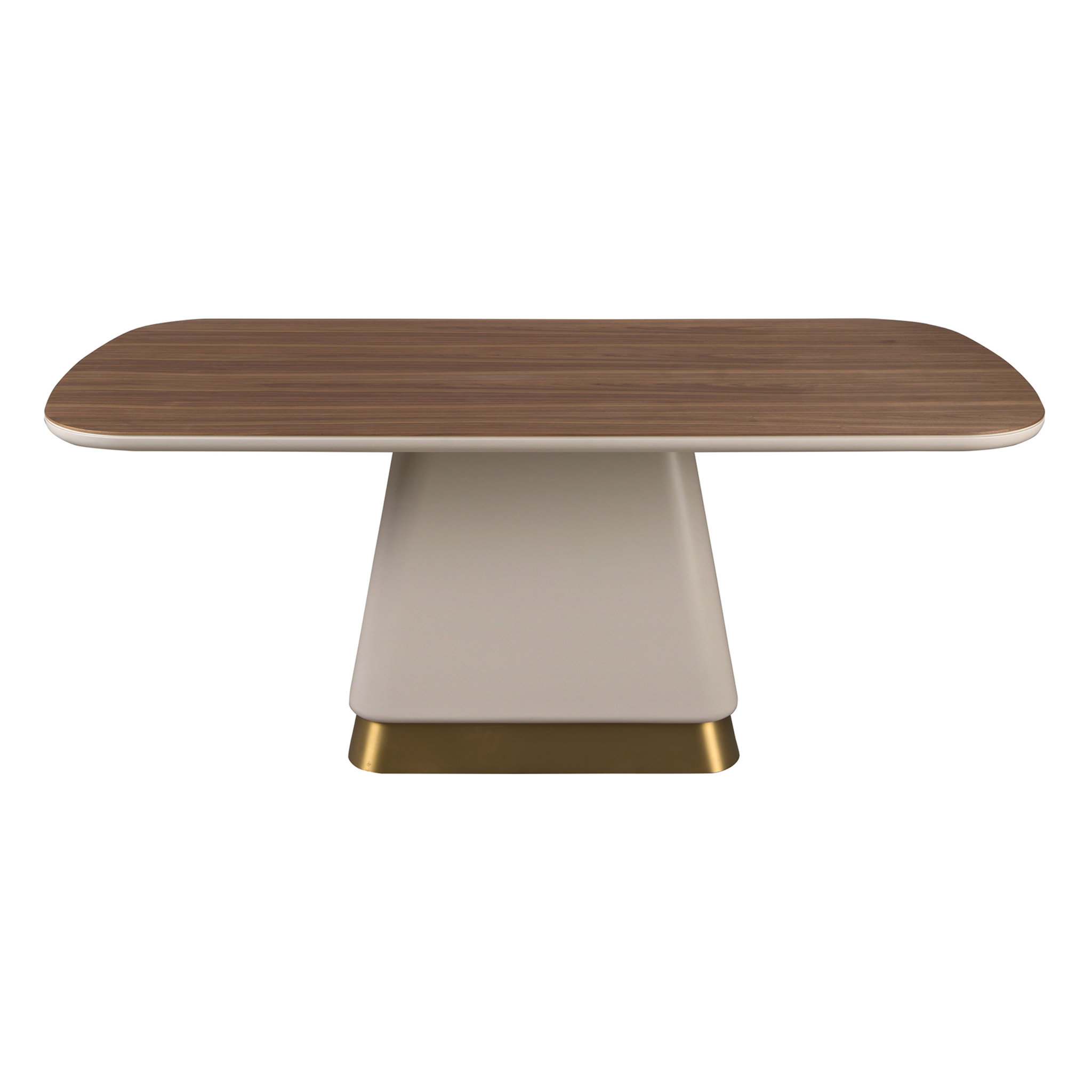 Mesa comedor rectangular con tapa fija de madera chapada en nogal natural patas de madera de MDF en beige y base de acero inoxidable pulido en dorado 200x95x76cm