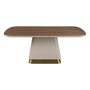 Mesa comedor rectangular con tapa fija de madera chapada en nogal natural patas de madera de MDF en beige y base de acero inoxidable pulido en dorado 200x95x76cm