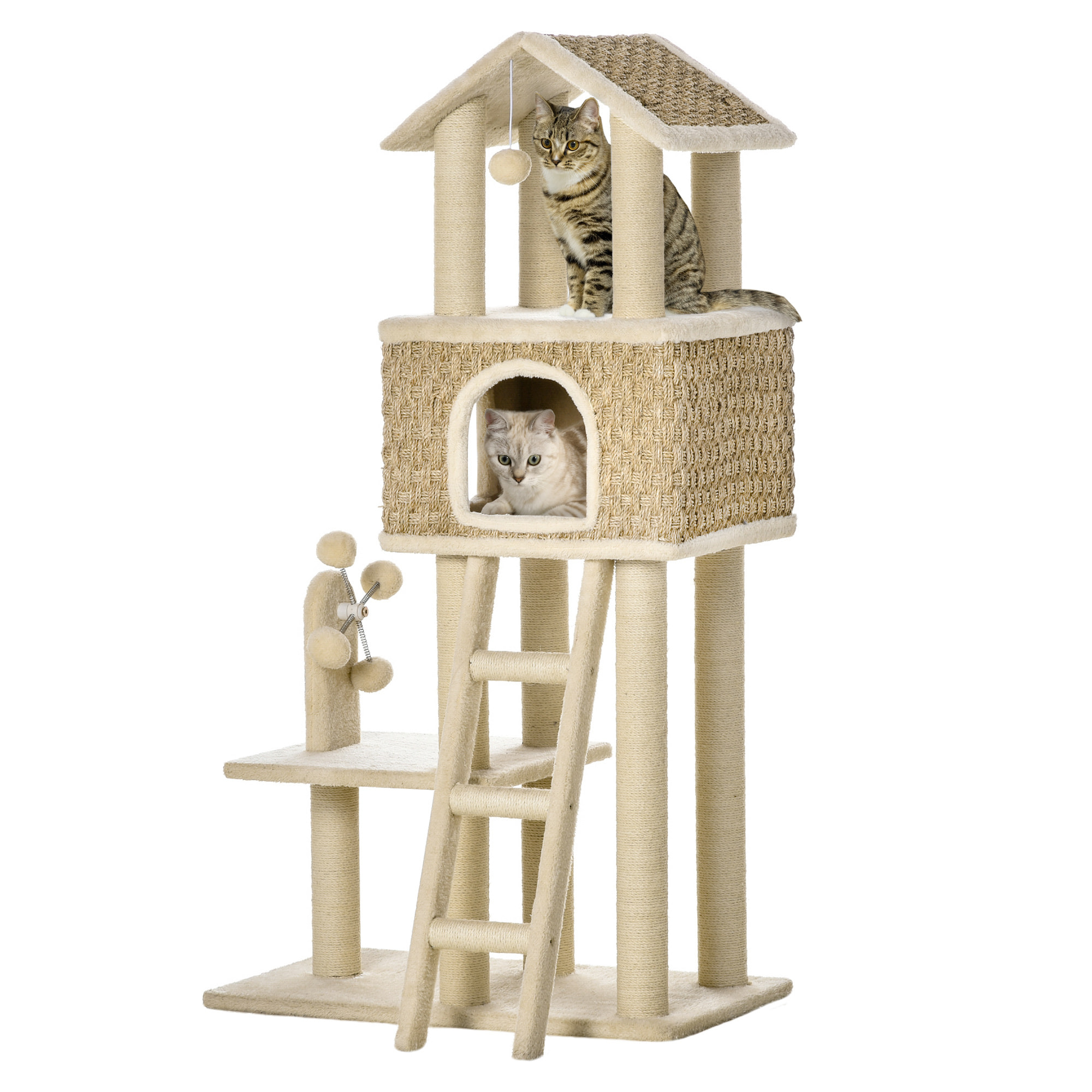 Arbre à chats style cosy chic griffoirs sisal naturel grande niche plateforme échelle jeu boules tourniquet peluche courte cordes d'algues tressées