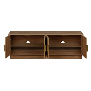 Meuble TV exotique 4 portes effet bois de manguier. poignées en métal doré L 140 x P 40 x H 48cm