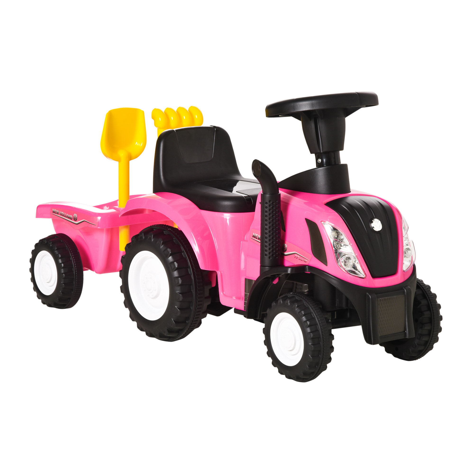 Tractor sin Pedales para Niños de 12-36 Meses con Remolque Extraíble Coche Correpasillos con Bocina Faros Pala Asiento de Suelo 25 cm y Rastrillo Carga 25 kg 91x29x44 cm Rosa