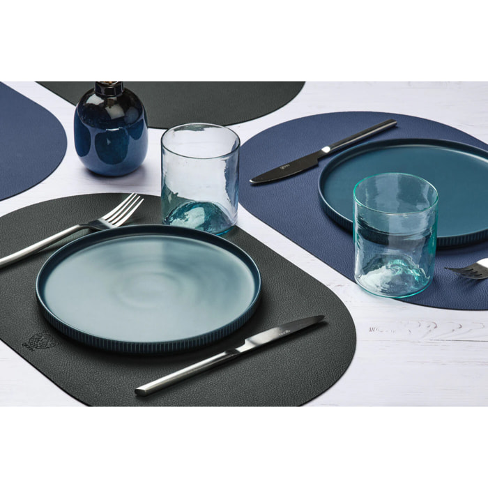 Set de table ovale réversible - 6 pièces - Cuir recyclé bleu nuit et gris anthracite