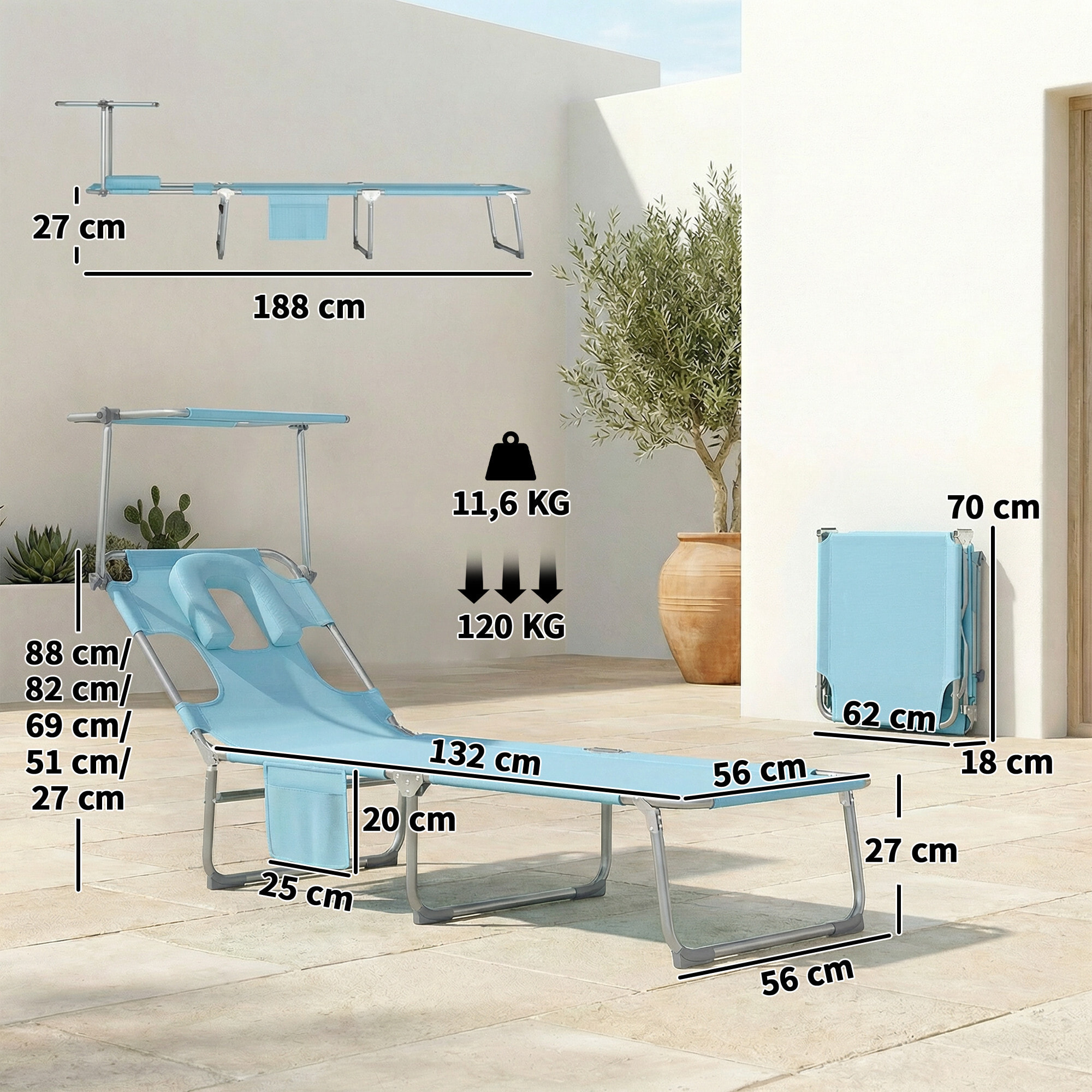 Set de 2 Tumbonas Jardín Exterior, Tumbonas Plegables con Reposacabezas, Dosel 360°, Orificio Facial, Bolsillo Lateral, Respaldo Reclinable 5 Posiciones y Textilene 550 g/m² para Playa, Azul
