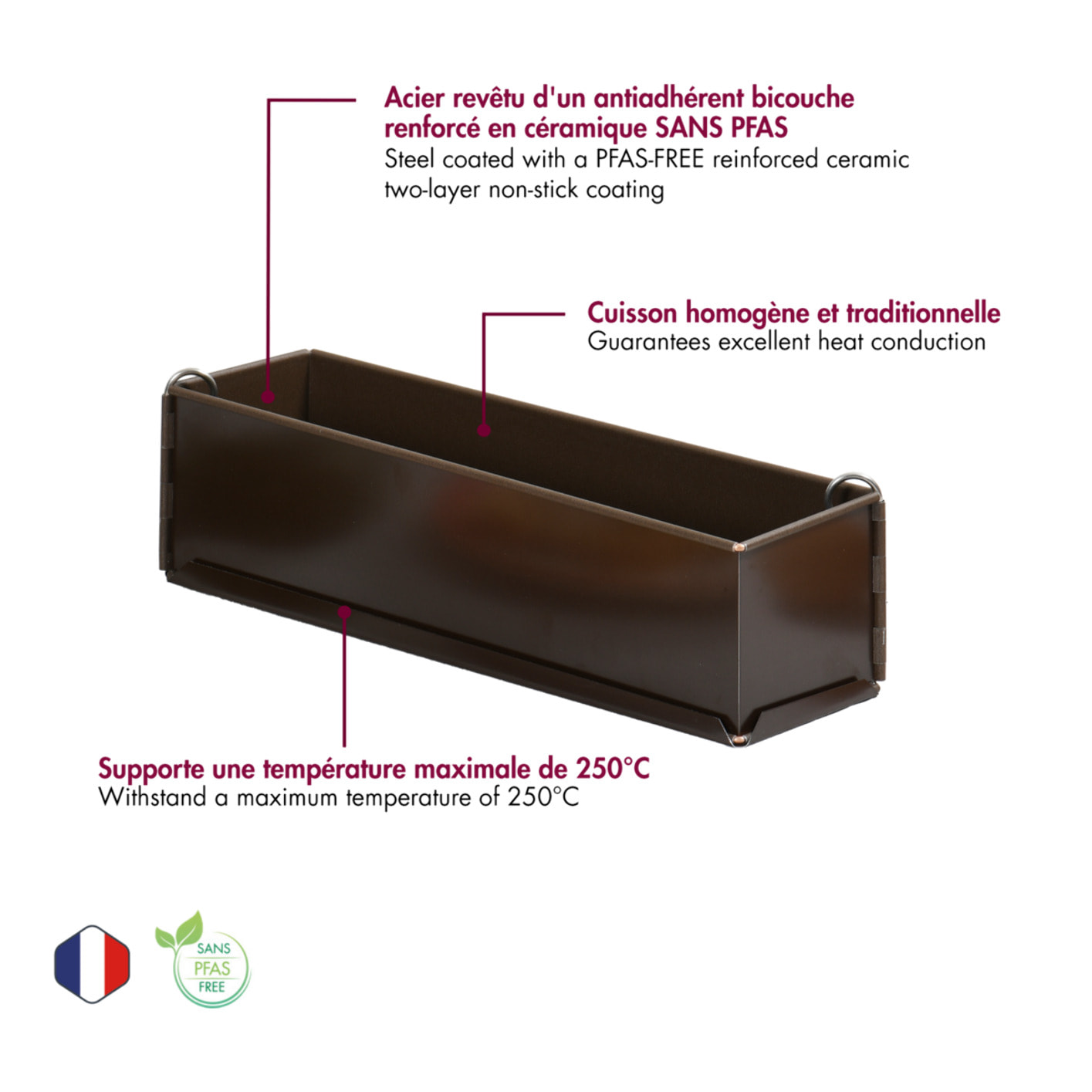 Pâté long uni - antiadhérent - à charnière - fond démontable - 350 x 80 x 80 mm