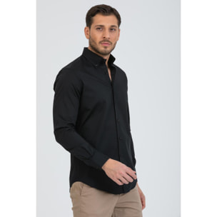 Camicia Uomo 2 Bottoni Button Down Slim Popeline Stretch Unito Nero