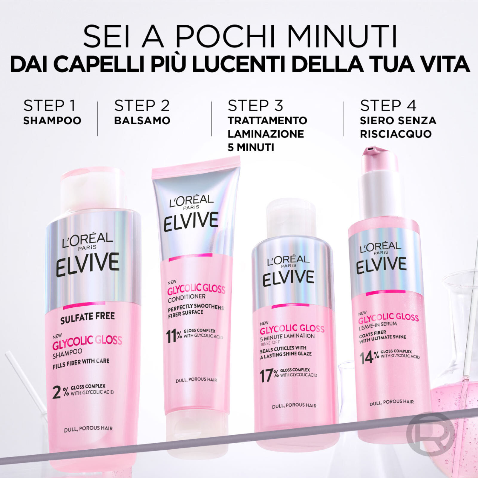 Trattamento Laminazione 5 Minuti Elvive Glycolic Gloss con Acido Glicolico per Capelli Spenti - Flacone da 200ml