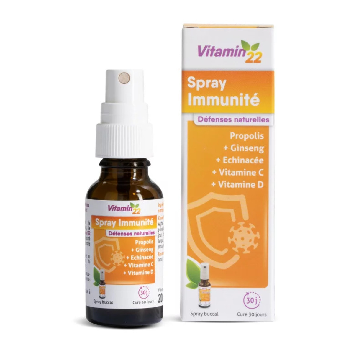 VITAMIN'22 - Spray Immunité - Complément alimentaire à base de Propolis, Ginseng, Échinacée, Vitamines C & D - Soutien de l'immunité - Cure 30 jours