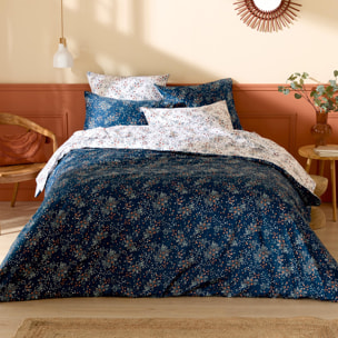 Parure de lit 2 pièces satin de coton 110 fils floral housse + taie - Bleu Marine