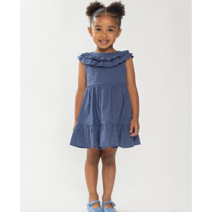 Vestido de voile bordado azul marino. De tirantes con doble volante en el cuello, falda fruncida con volante.