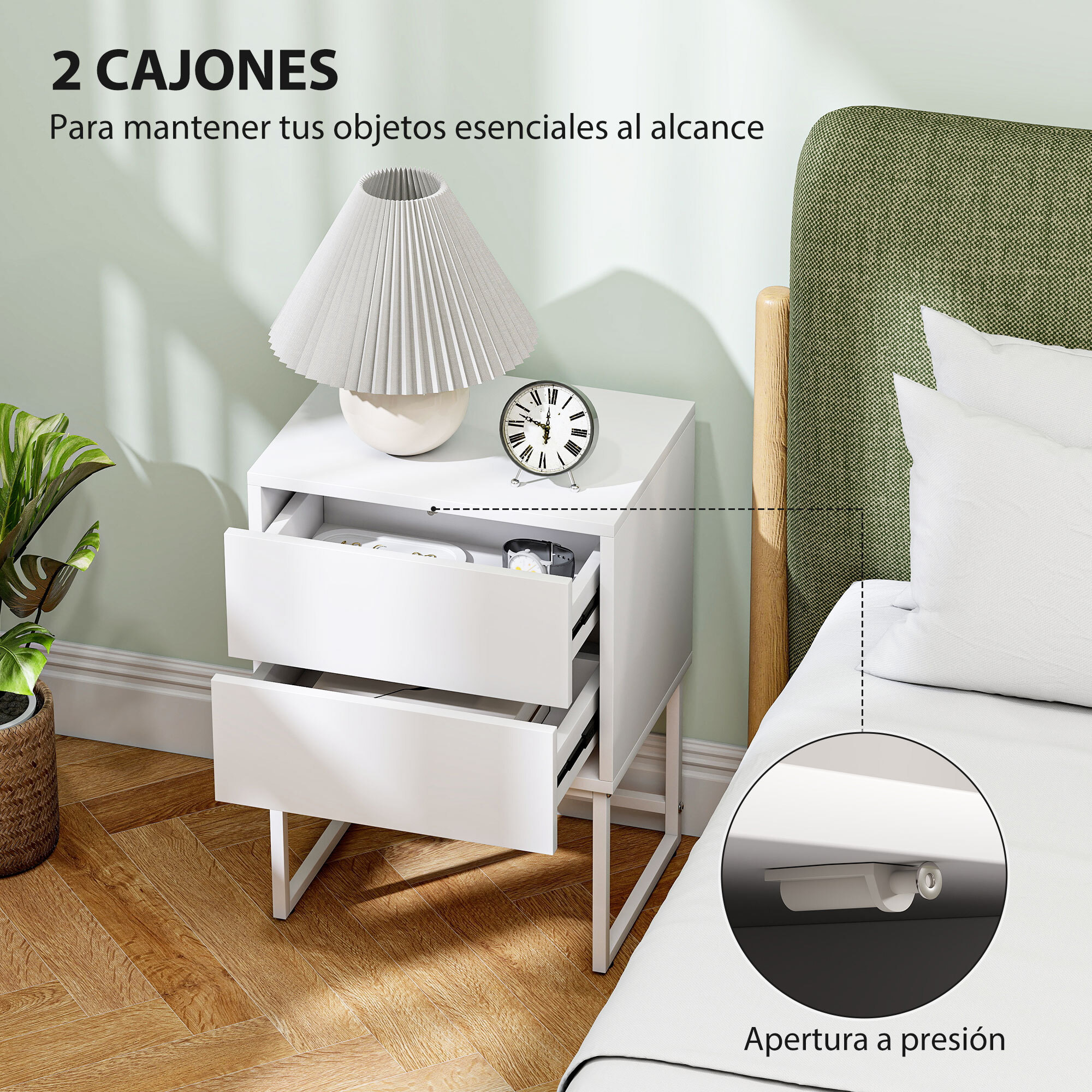 Pack de 2 Mesitas de Noche Estrechas Mesillas de Noche Dormitorio con 2 Cajones Apertura por Presión y Patas de Acero Estilo Moderno 40x30x55 cm Blanco
