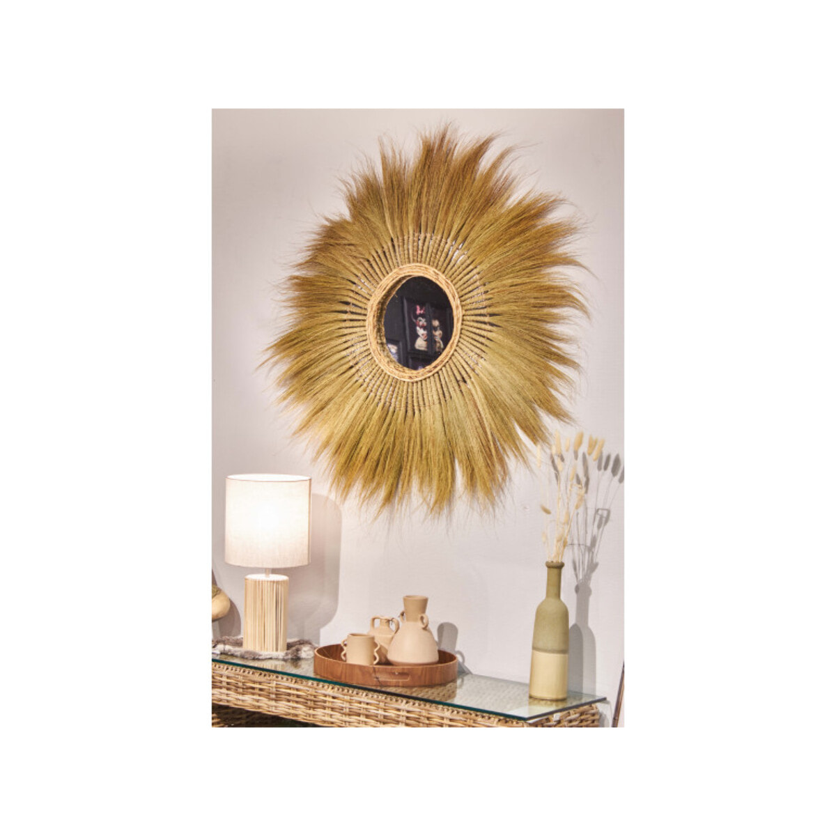 Miroir mural rond 116 cm en herbe de pampa - PLUME