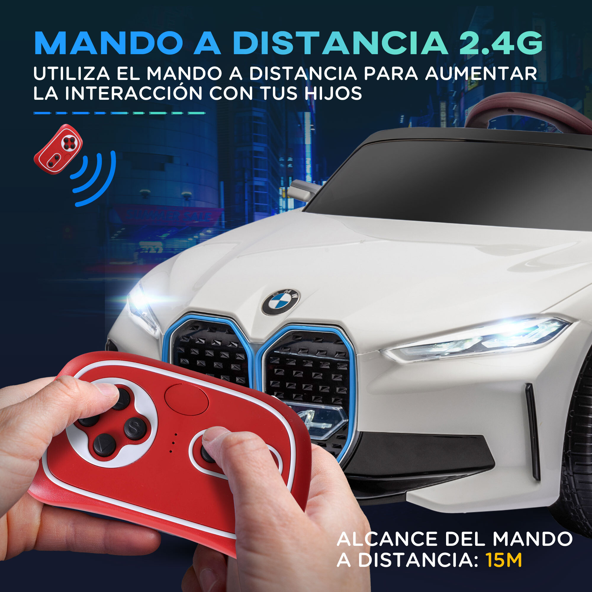 Coche Eléctrico para Niños 37-72 Meses Autorización BMW I4 Coche de Batería 12V con Control Remoto Música MP3 Pantalla Luces y Cinturón de Seguridad 115x67x45 cm Blanco