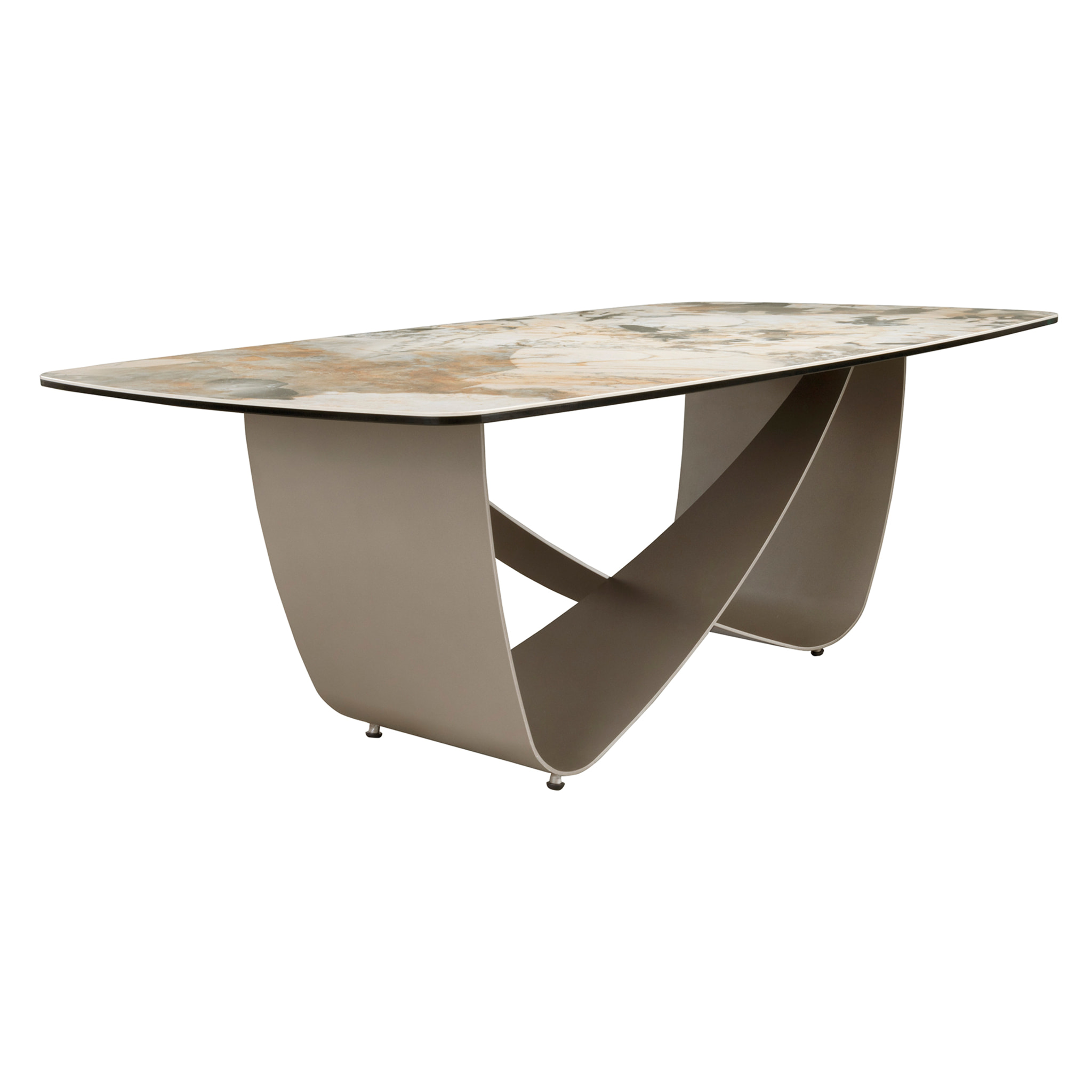 Mesa centro ovalada barril con tapa de mármol porcelánico en tonalidades tierra y grises en acabado mate y unas patas de acero inoxidable en taupé acabado metalizado 120x70x43cm
