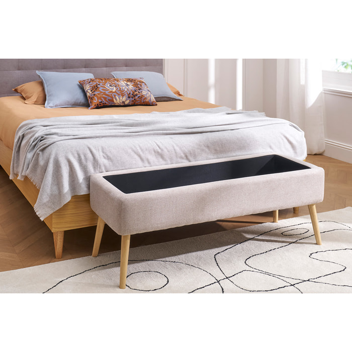 Banc coffre en tissu effet velours texturé beige et bois clair massif L120 cm LARS