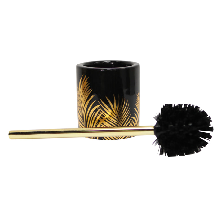 Pot et brosse wc en céramique feuilles dorées - Noir