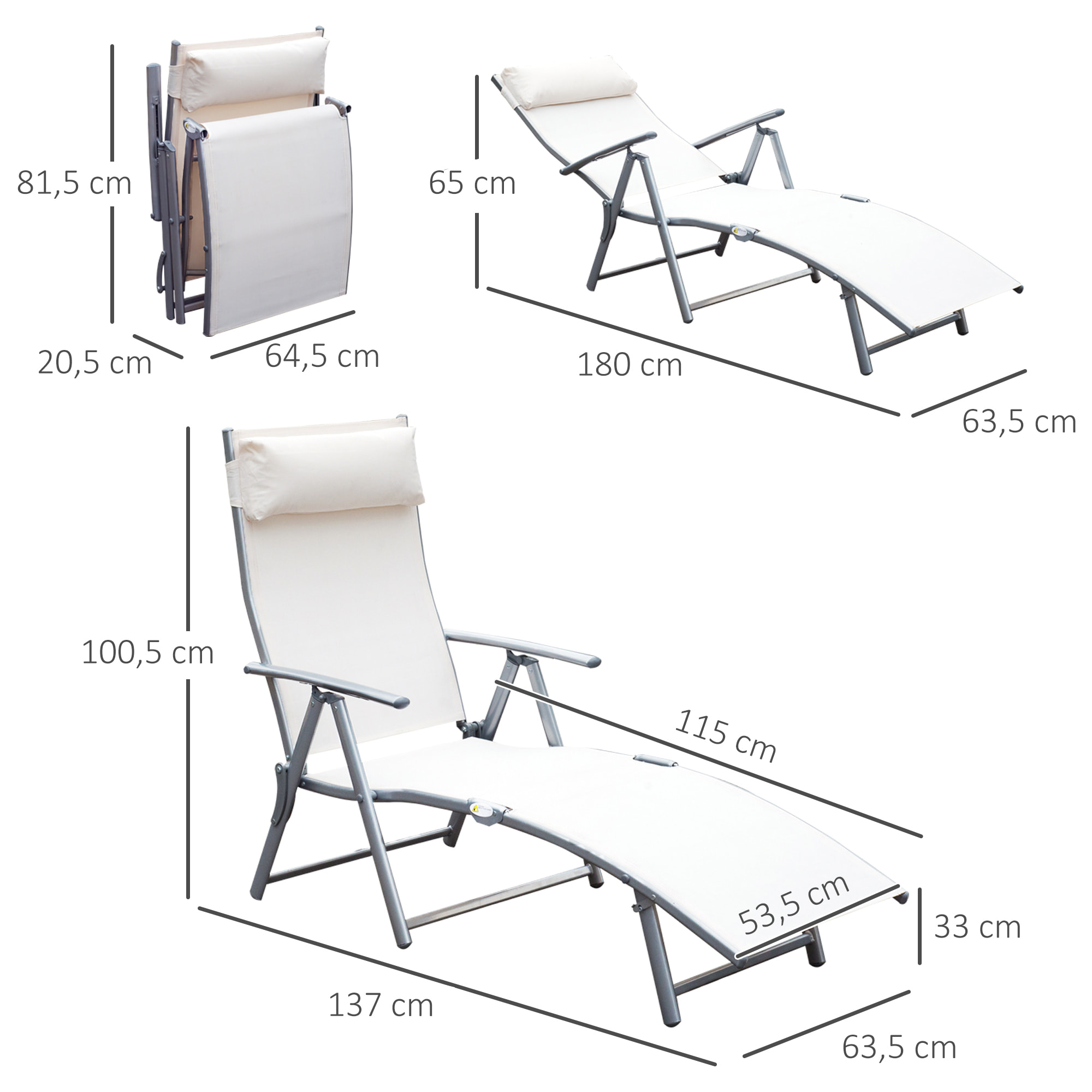 Tumbona Plegable Respaldo Ajustable a 7 Niveles Almohada Acero