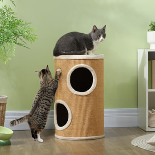 Arbre à chat cylindrique - tour à griffer pour chat - tonneau griffoir - 2 niches + plateforme - sisal peluche beige