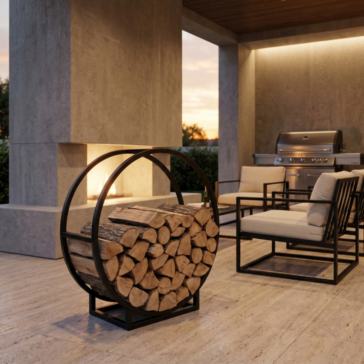 Portalegna in acciaio Baines 55 cm, supporto legna design circolare moderno nero opaco, organizer per camino e stufa resistente e stabile, salvaspazio elegante per soggiorno veranda e area barbecue