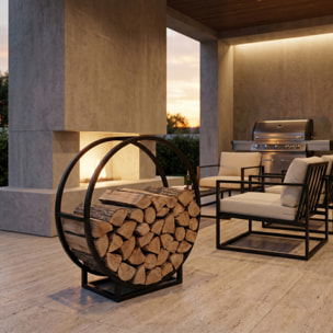 Portalegna in acciaio Baines 55 cm, supporto legna design circolare moderno nero opaco, organizer per camino e stufa resistente e stabile, salvaspazio elegante per soggiorno veranda e area barbecue