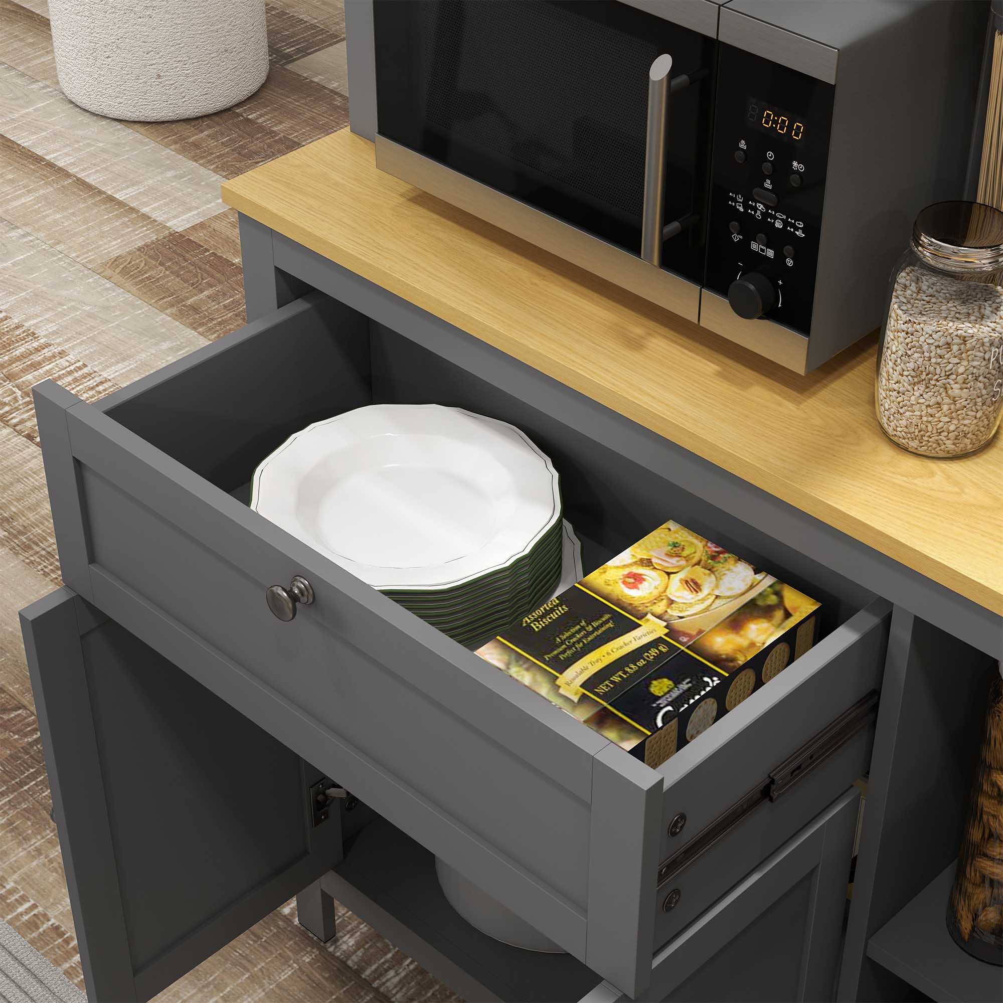 Alacena de Cocina Alta, Mueble Auxiliar de Cocina, con 5 Puertas, Estante Ajustable, Cajón, Encimera Abierta de Microondas, Orificio para Cable, 100x40x180 cm, Gris