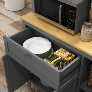 Alacena de Cocina Alta, Mueble Auxiliar de Cocina, con 5 Puertas, Estante Ajustable, Cajón, Encimera Abierta de Microondas, Orificio para Cable, 100x40x180 cm, Gris