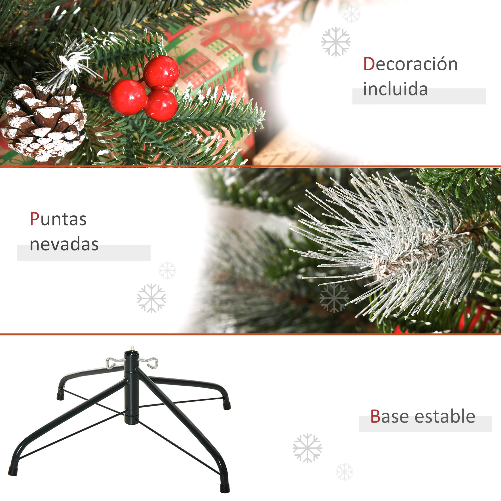 HOMCOM Árbol de Navidad Artificial 120 cm con 266 Ramas 27 Piñas y 27 Bayas Hojas de PVC PE Base Plegable y Soporte Metálico Decoración Navideña para Interiores Verde