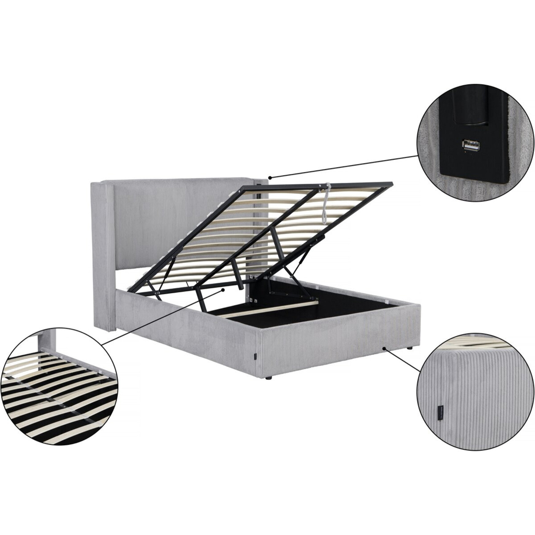 Lit double en velours côtelé avec coffre et lampe intégré "Cortina" - 140 x 190 cm - Gris