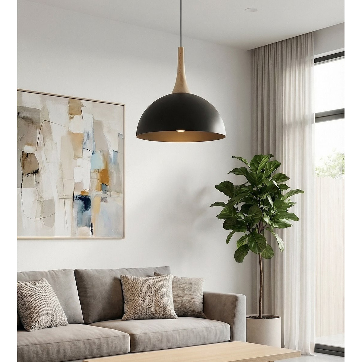 Lampada a sospensione Nautica in acciaio nero opaco e legno