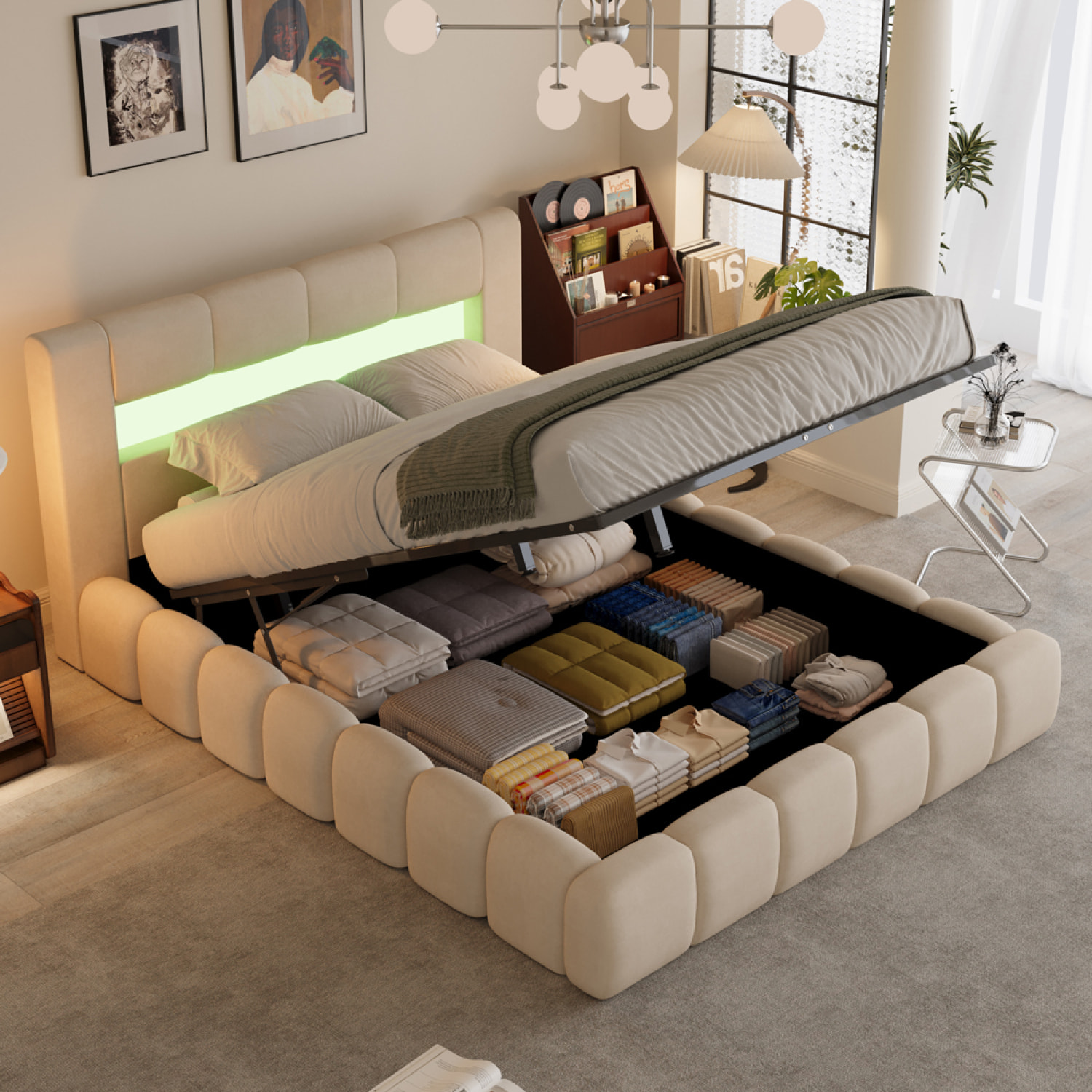 Lit coffre style nuage led 140x190cm velours beige MAKILA