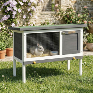 Conejera de Madera, Jaula para Conejos Medianos con Techo Asfáltico Abatible, Bandeja Extraíble, Puerta con Pestillo, Conejera Elevada Exterior, para Cobayas y Chinchillas, 90x45x65 cm, Gris