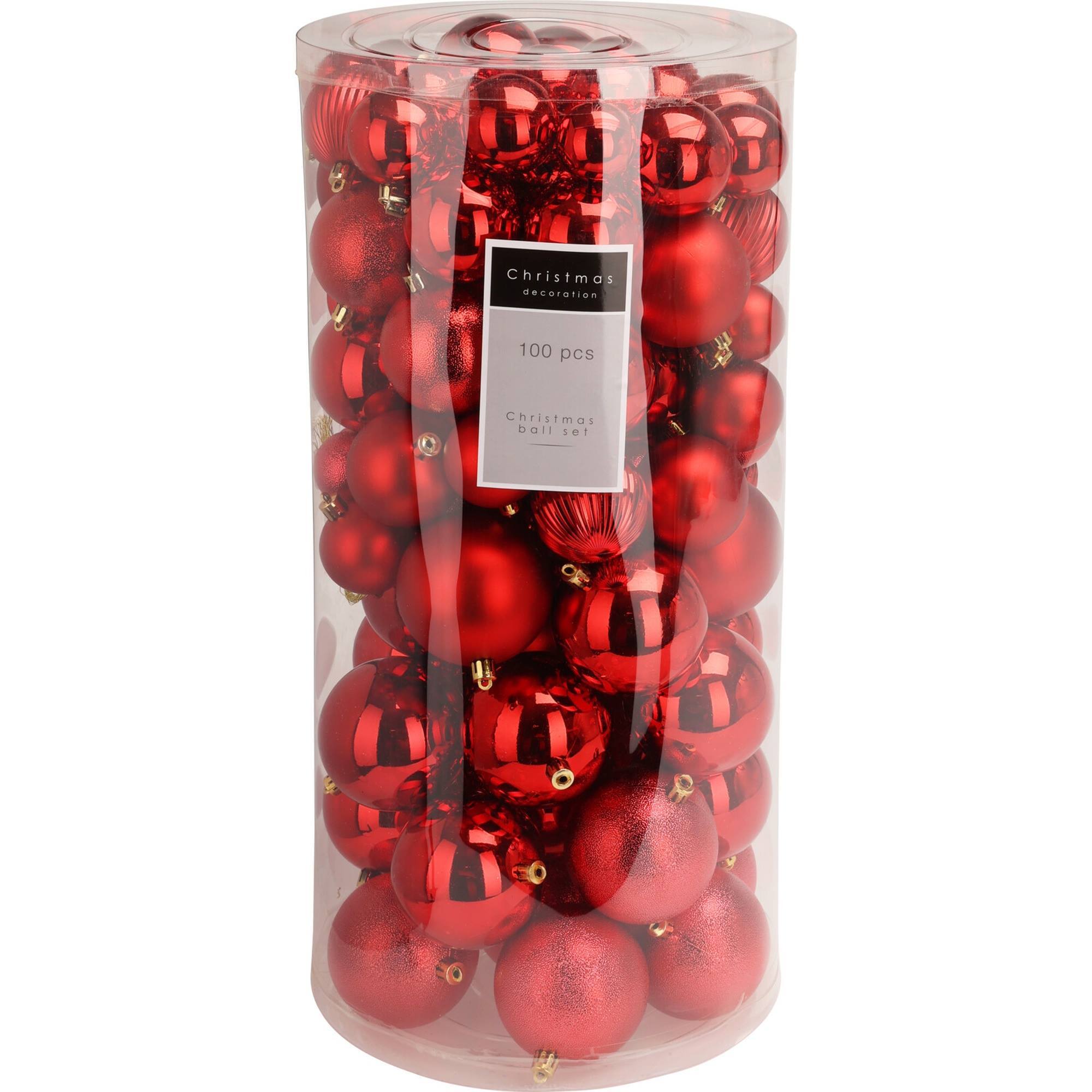 set de 100 bolas de navidad color rojo en tubo pet con diferentes diseños y acabados