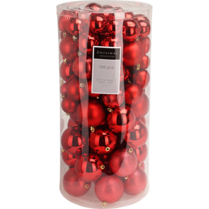 set de 100 bolas de navidad color rojo en tubo pet con diferentes diseños y acabados