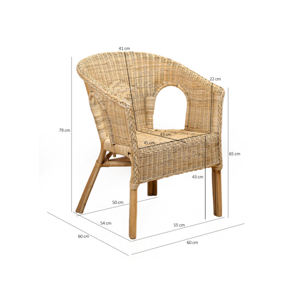 Fauteuil en rotin naturel tressé avec accoudoirs, pour jardin et intérieur - VIVIA