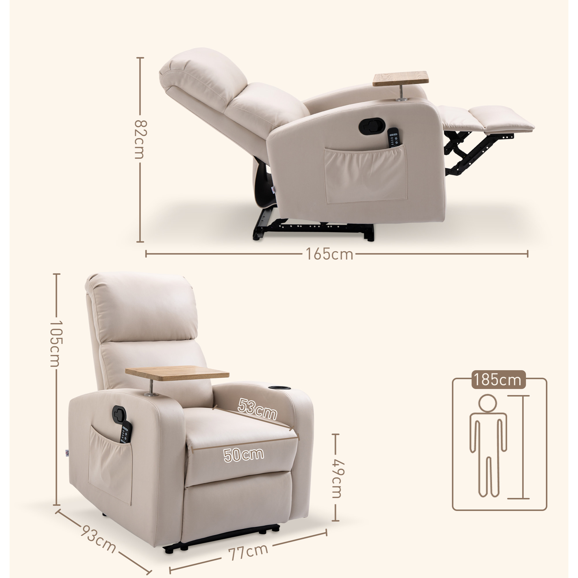 Fauteuil de massage inclinable avec repose-pied télécommande revêtement synthétique tissu beige