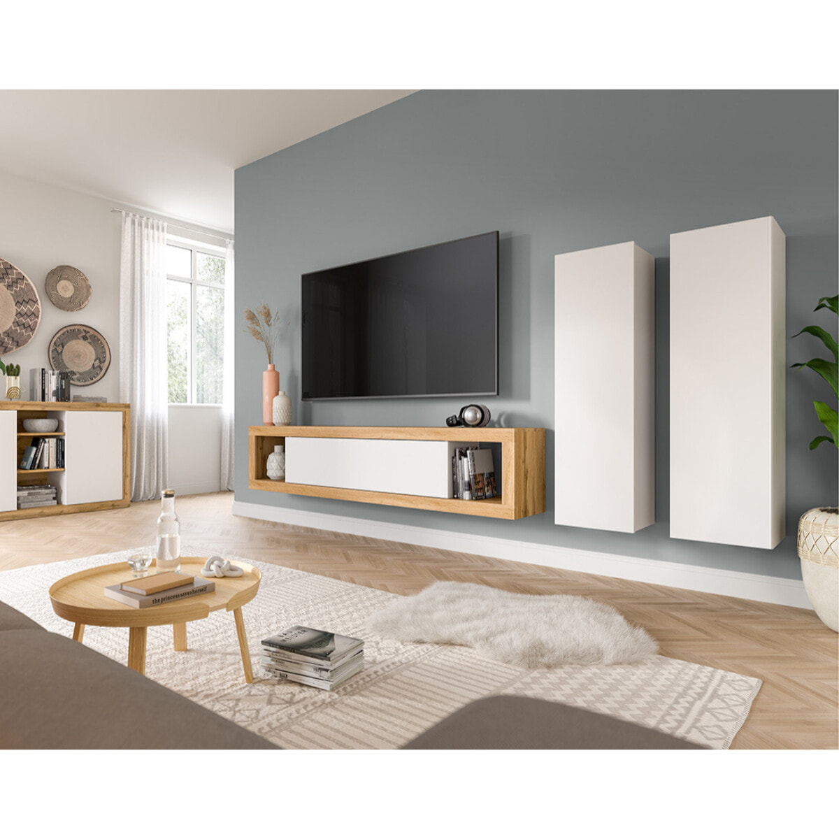 Ethan – meuble tv 180 cm + 2 armoires murales 110 cm - bois et blanc - Bois / Blanc