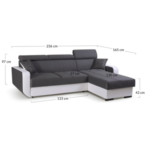 Dustin - Canapé d'angle réversible - 4 places - Convertible avec coffre - Têtières réglables - Noir / Gris
