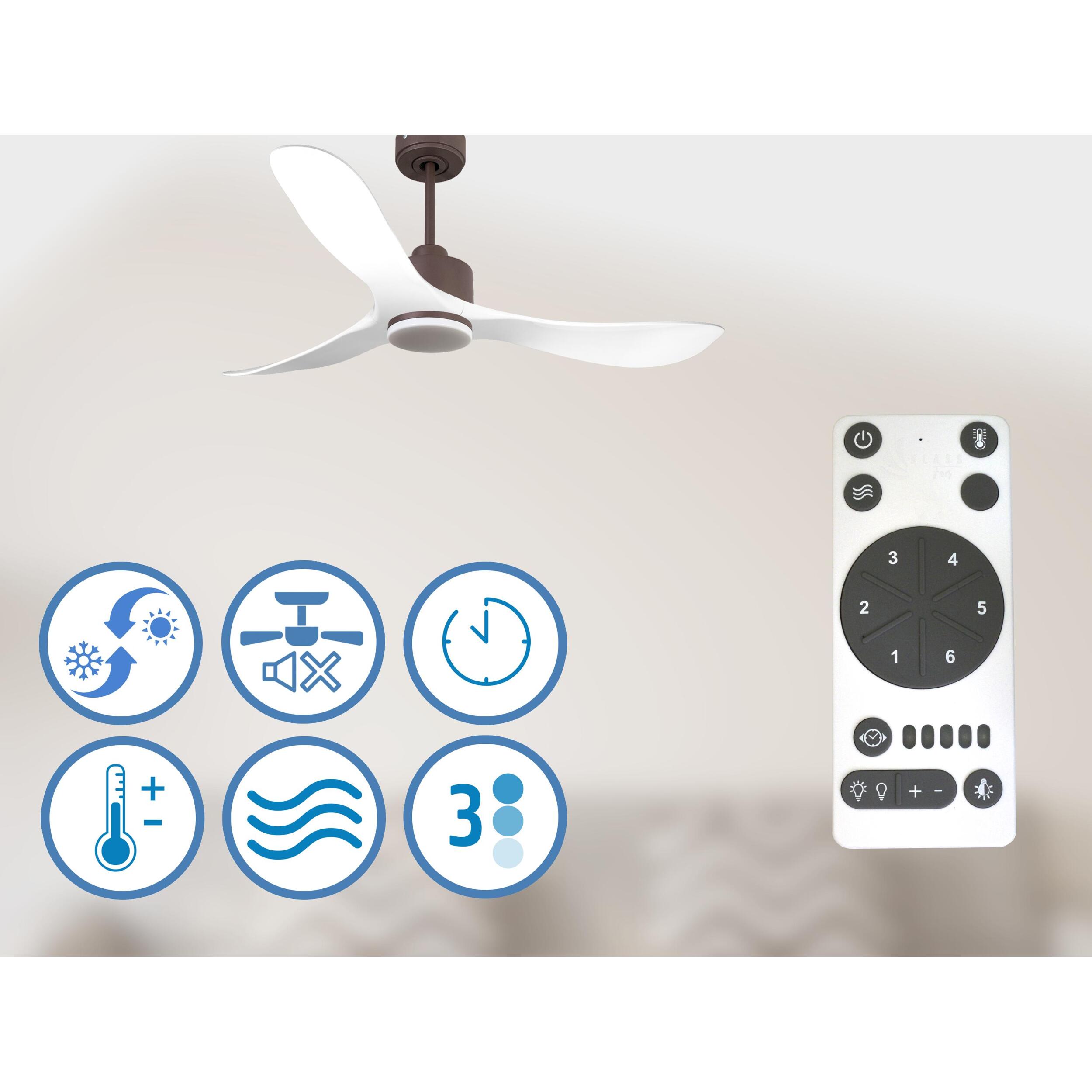 Ventilateur de plafond Réversible  Thermostat Dimmable Wifi Moteur à courant continu Toits en pente Télécommande Lumière à trois tons Hypersilence Mémoire