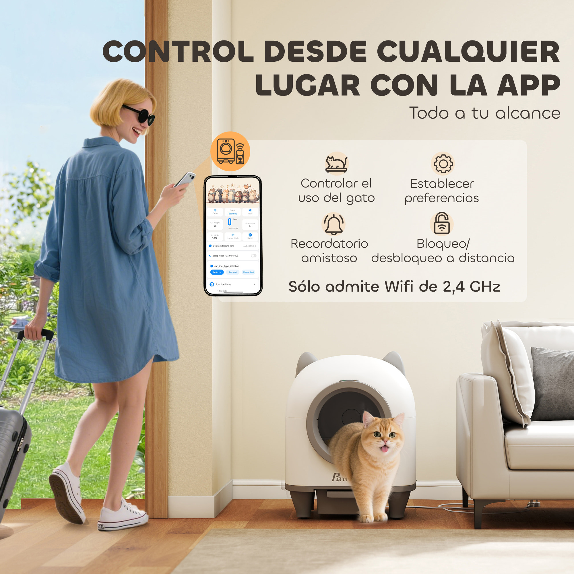 Arenero Gatos Autolimpiable 80L Arenero Autolimpiable Eliminación de Olores Control de APP Protección de Seguridad 1 Rollo de Bolsas de Basura