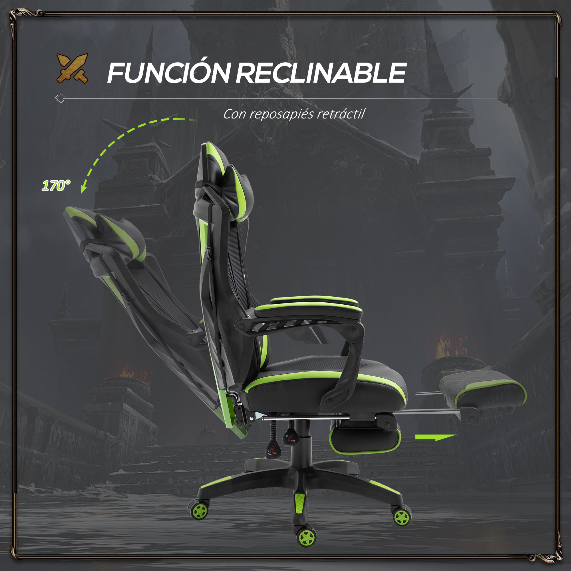 Silla Gaming para Oficina Respaldo Regulable Negro y Verde