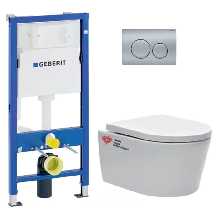 pack Bati-support Geberit + cuvette suspendue Swiss Aqua Technologies sans bride + plaque Delta20 chrome mat