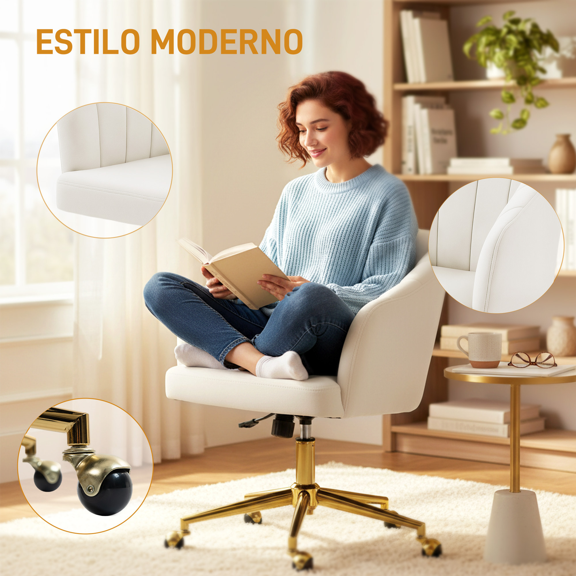 Silla de Oficina con Ruedas, Silla de Escritorio de Terciopelo con Respaldo Acolchado con Costuras, Asiento Ancho, Altura Ajustable, Espuma de Alta Resiliencia, para Casa, Oficina, Crema