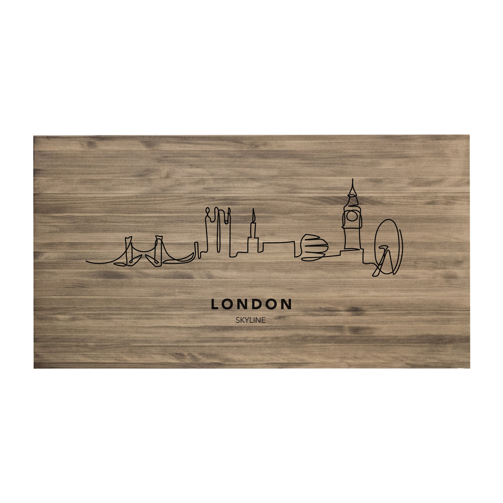 Tête de lit en bois massif imprimée motif London Skyline en ton chêne foncé de différentes tailles