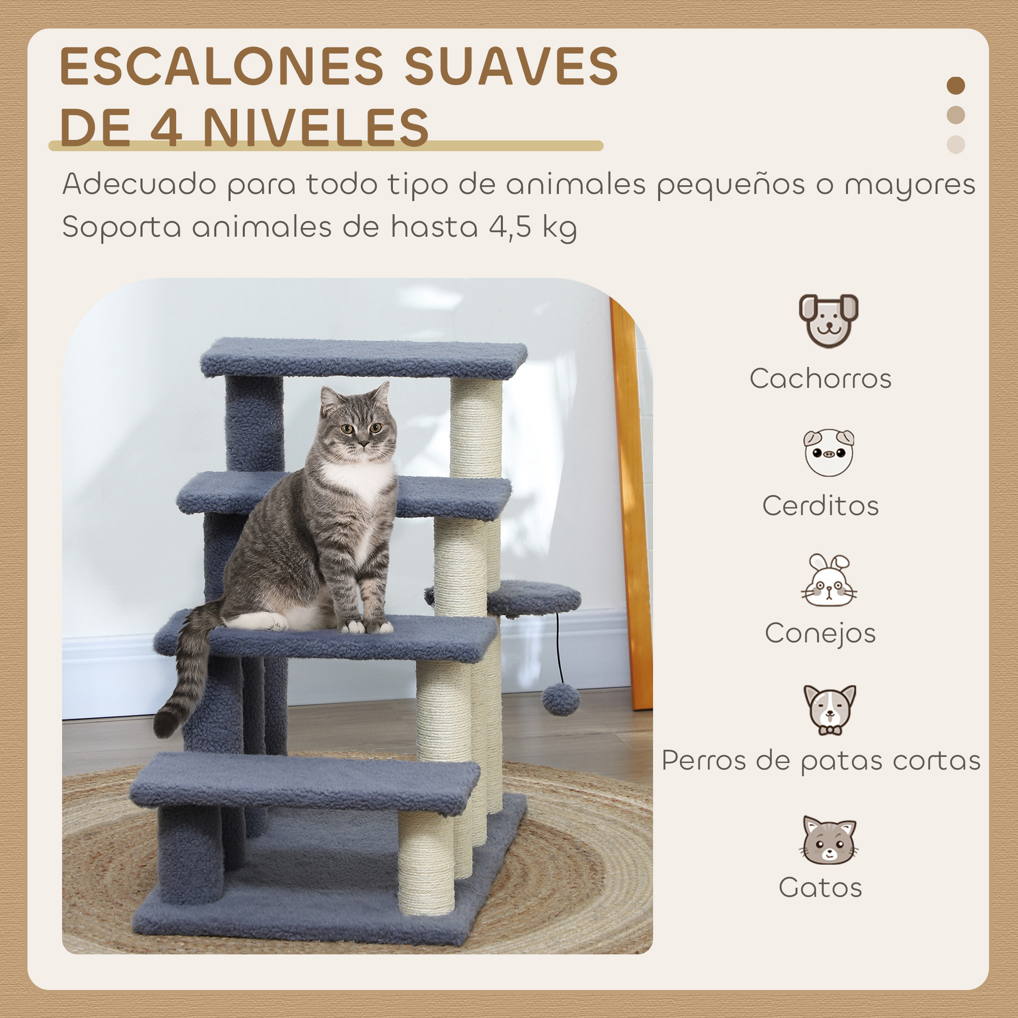 Escalera para Gatos de 4 Niveles Escalera para Mascotas Cubierto de Suave Felpa Poste de Sisal Bola Colgante Árbol Rascador para Gatos 60x40x64 cm Gris