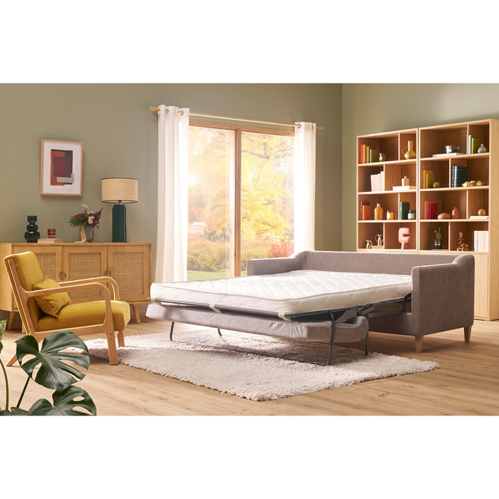 Canapé convertible scandinave 3 places en tissu effet velours taupe et bois clair LOUISE