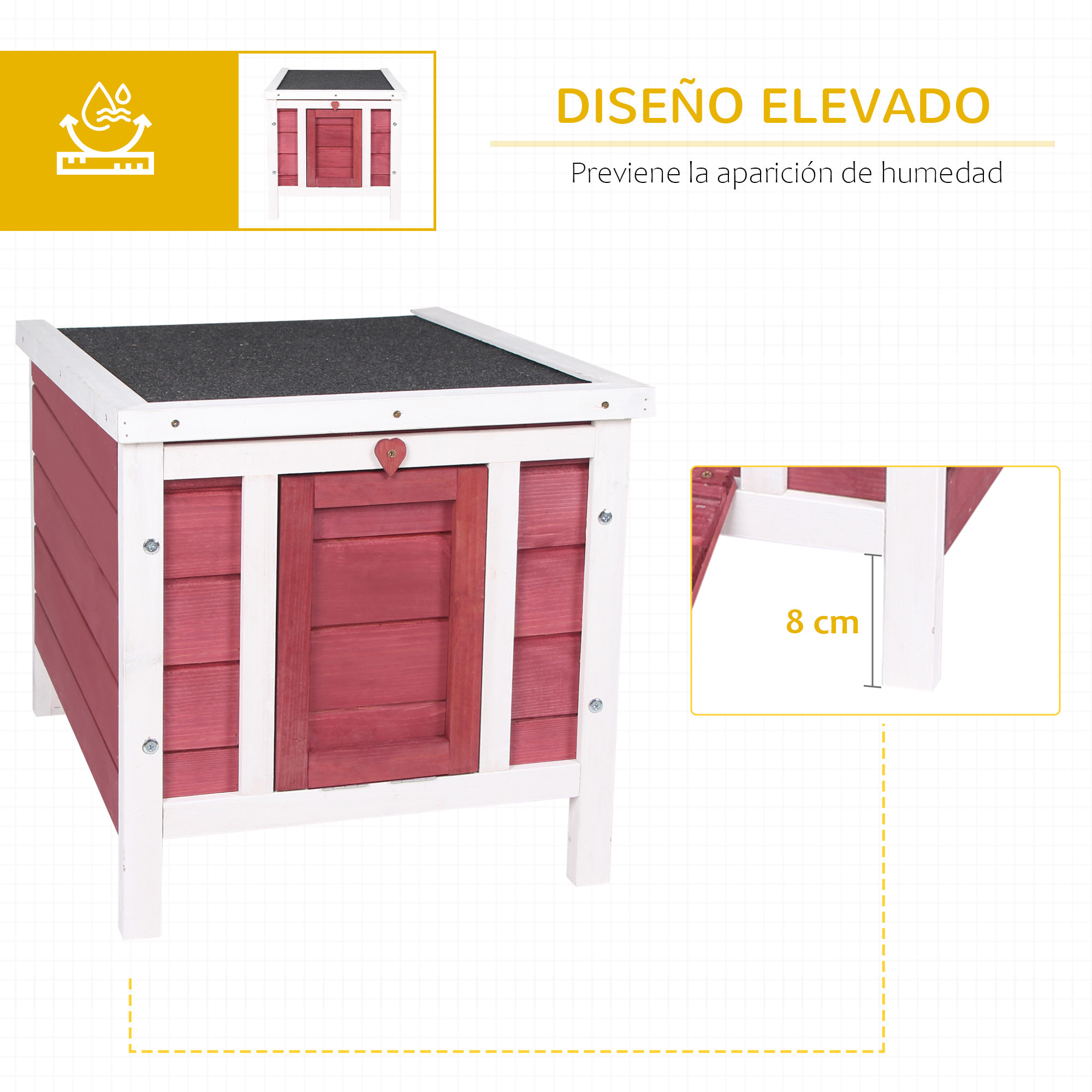 Conejera de Madera Exterior Jaula Caseta para Roedores Mascotas Pequeñas con Techo Asfáltico Abatible y Rampa Antideslizante 42x51x43 cm Rojo