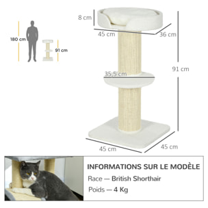 Arbre à chat avec griffoir centre d'activités 2 plateformes coussin crème