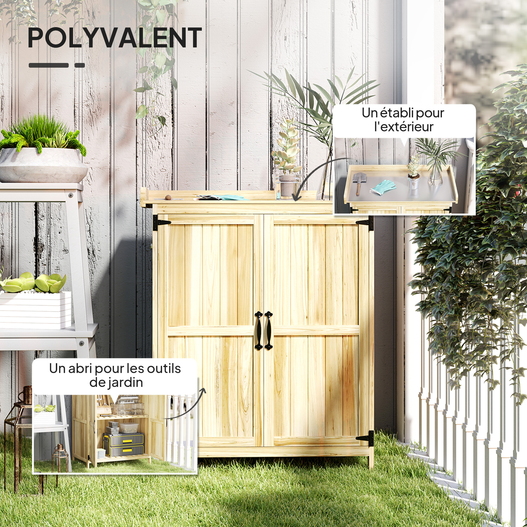 Armoire de jardin bois table de rempotage 2 en 1 - 2 portes, étagère - 74 x 43 x 88 cm
