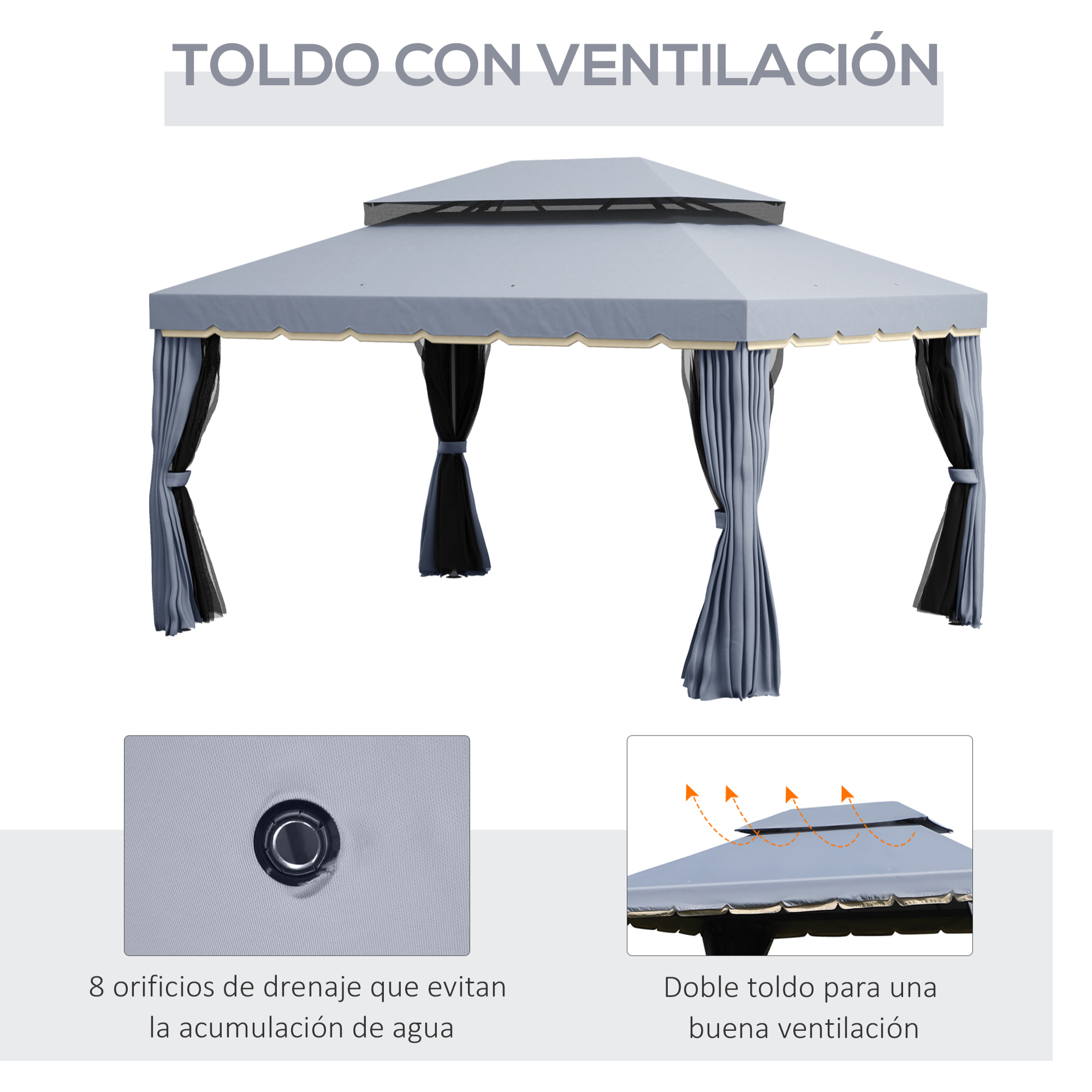 Conjunto de Cenador Incluye 1 Cenador de Jardín 4x3 m con 4 Cortinas Laterales 4 Mosquiteras y 1 Techo de Repuesto 4x3 m para Fiestas Eventos Exterior Gris y Crema