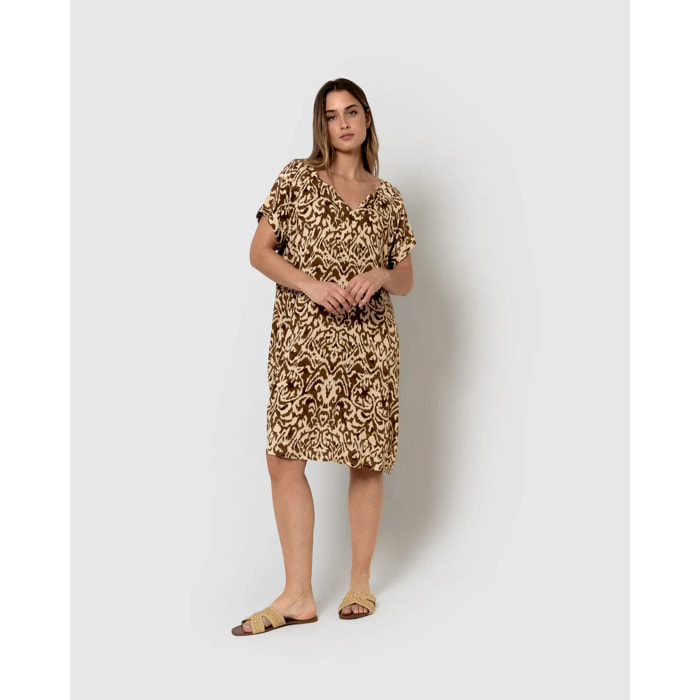 Vestido corto bambula detalles plisados sindi marrón